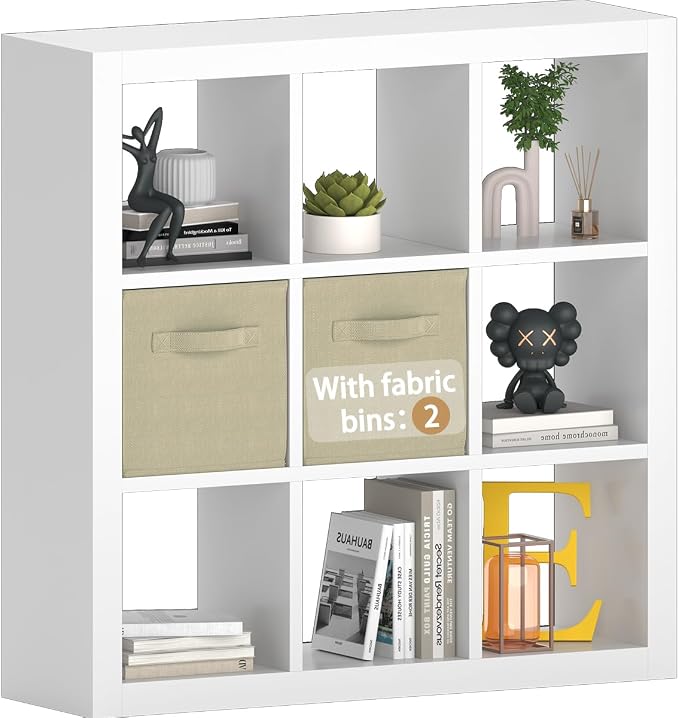 Bookshelf with Storage Bins, 9-Cube Storage Organizer Sturdy Wooden Bookcase by furtble