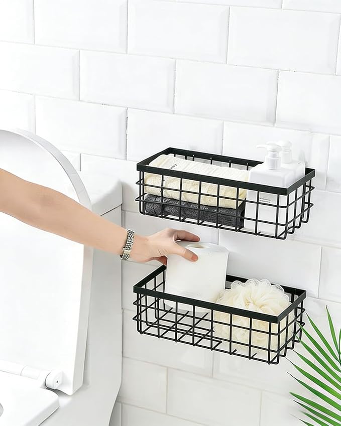 2PCS Adhesive Metal Wire Wall Storage Organizer Hanging Baskets Black M+L | - Image 6