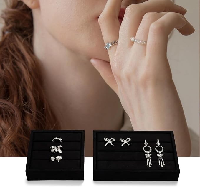Oirlv 3 Slots Velvet Small Ring Organizer Earrings Trays Showcase Display - Image 3