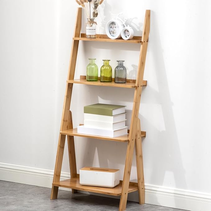 Maydear Bamboo Ladder Shelf Bookcase, 4-Tier Leaning Bookshelf Free Standing by Maydear