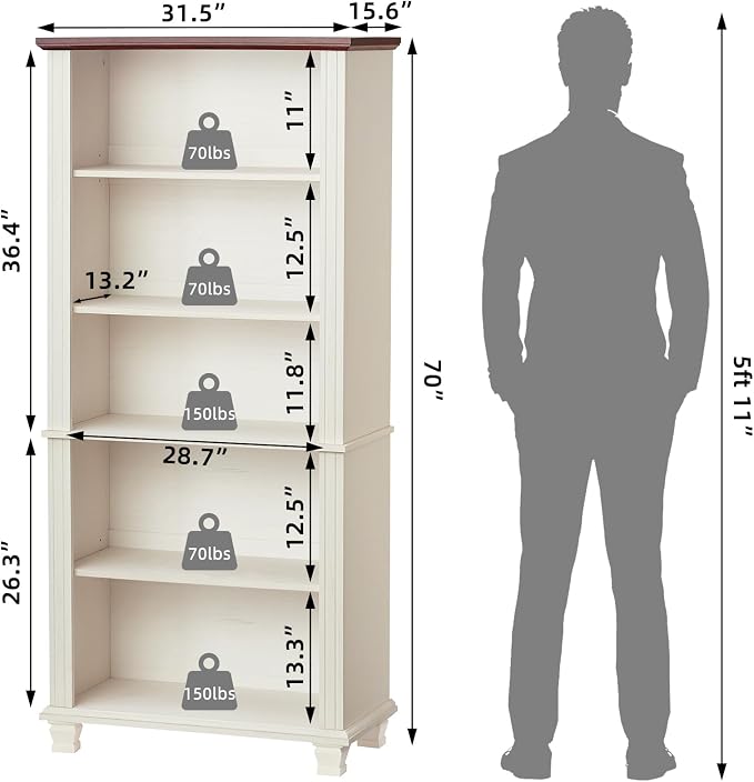 70" Tall White Bookshelf, 5 Tier Wood Book Shelf - Image 3