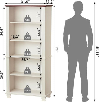70" Tall White Bookshelf, 5 Tier Wood Book Shelf - Image 3