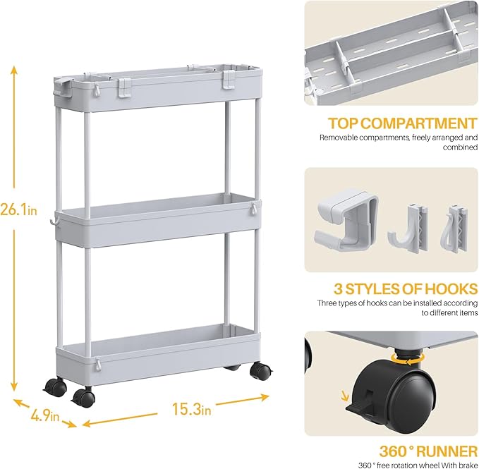 SPACELEAD Slim Storage Cart 3 Tier, Bathroom Organizer Rolling Utility - Image 4