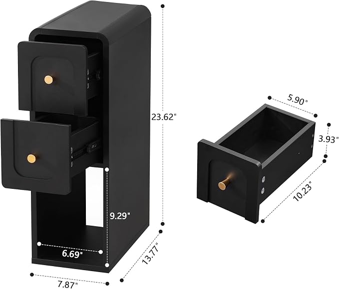 Narrow Nightstand with 2 Drawers, Small Bedside Tables, Mid-Century Modern Slim - Image 2