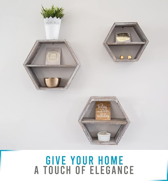 Comfify Rustic White Hexagonal Floating Shelves – Set of 3 – Honeycomb | Rustic - Image 2