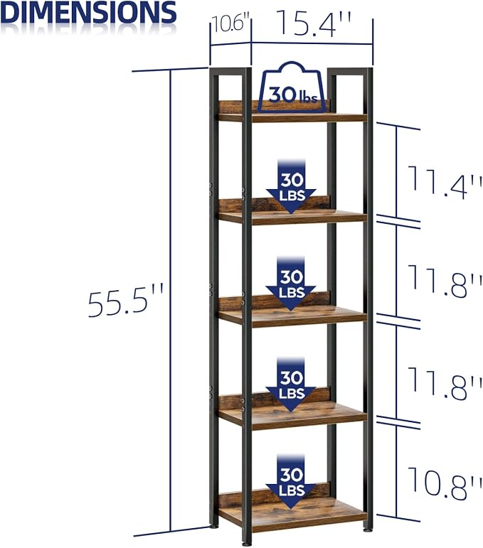 NUMENN Narrow Bookshelf, 5 Tier Freestanding Shelving Unit, Vintage | Metal - Image 3