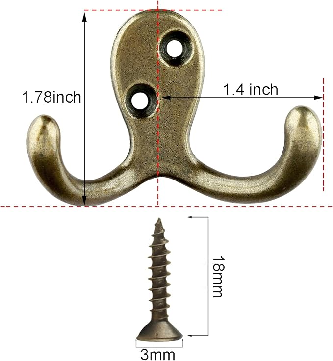 IBosins 16 Pack Heavy Duty Double Prong Coat Hooks Wall Mounted Antique Brass - Image 2