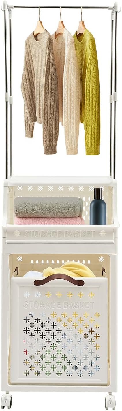 Rolling Laundry Hamper with Hanging Rod, 3-Tier Laundry Hamper Cart with 6 Hooks by Unknown