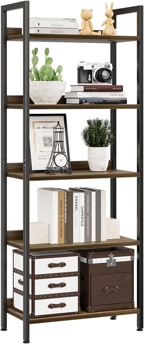 NUMENN Bookshelf, 5 Tier Freestanding Shelving Unit, Dark Walnut | Metal Frame by NUMENN