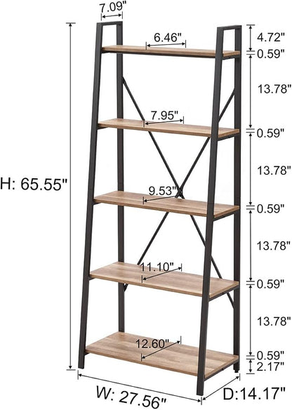 BON AUGURE Industrial 5 Tier Ladder Bookshelf, Wood and Metal Ladder Shelf - Image 2