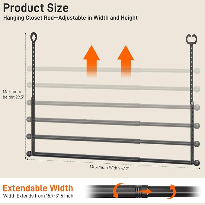 SUTINE Closet Rods for Hanging Clothes, Adjustable Closet Extender Hanging Rod - Image 2
