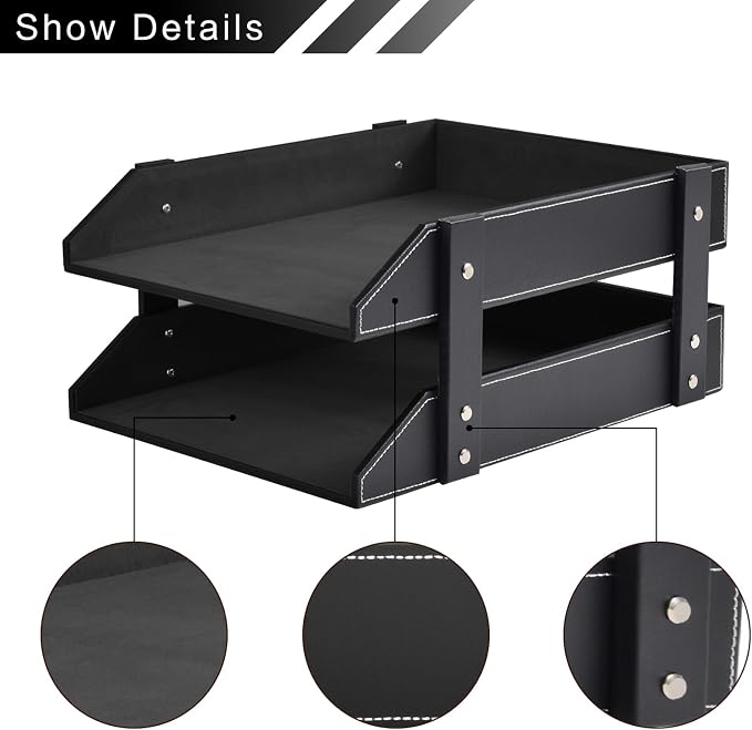 Leather Desk Organizer, 2-Tier Stackable Letter Tray Holder, Office Supplies - Image 2