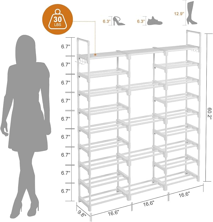 WOWLIVE 9 Tier 3-Column Shoe Rack, 50-55 Pairs Stackable White | 50in long - Image 3