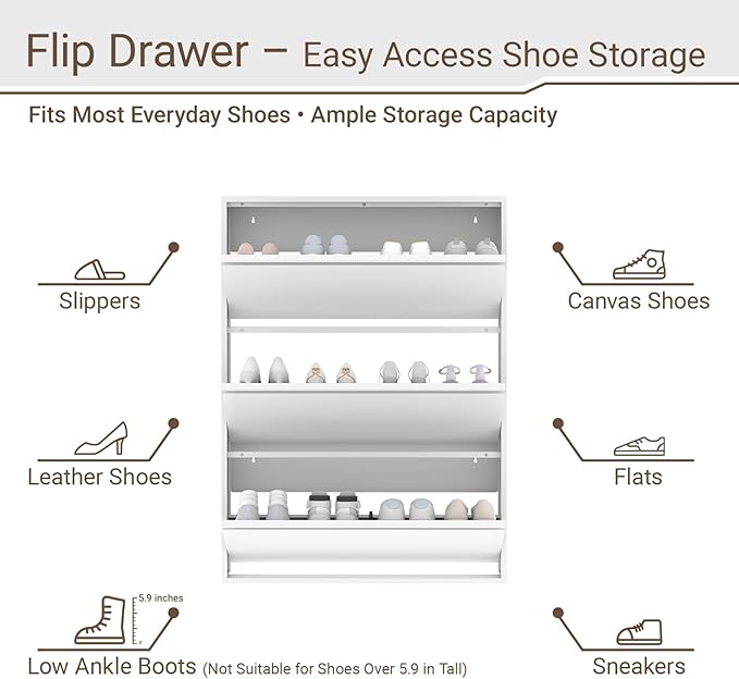 Metal Shoe Cabinet with 3 Flip Drawers, Slim Wall Mounted, Hallway and Mudroom - Image 5