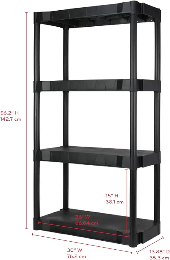 Black Plastic 4-Tier Shelving Unit, 280 lb Capacity, 56.2x30x13.8 Inches - Image 3