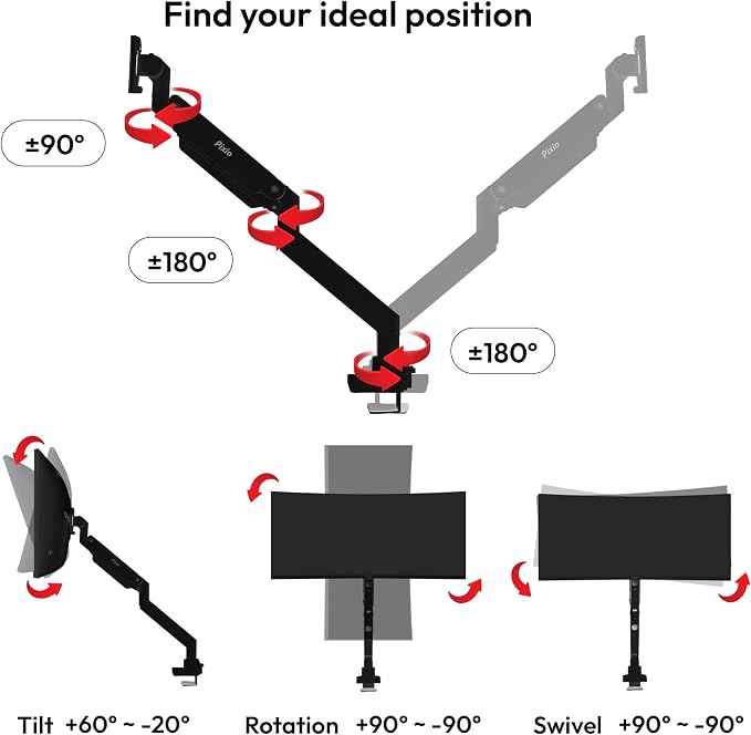 Pixio PS2S Titan Black Ultrawide Mega Heavy-Duty Premium Single Monitor Arm - Image 7
