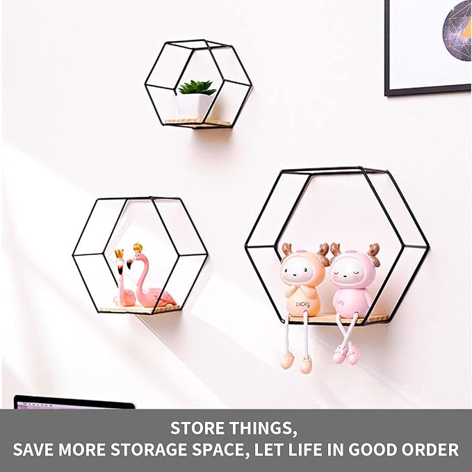Wall Mounted Hexagonal Floating Shelves Black Set of 3 in Different Sizes - Image 7
