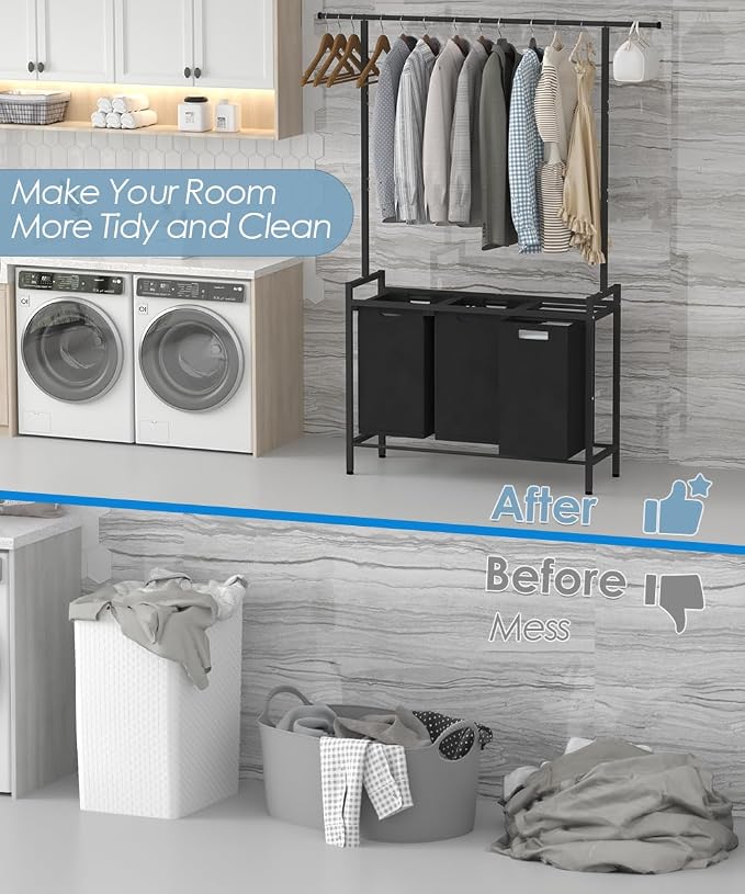 Large Laundry Hamper with Clothes Rack Hanging Bar, 10 x 3 Gal Pull-Out & - Image 4