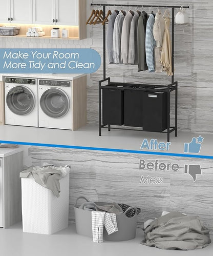 Large Laundry Hamper with Clothes Rack Hanging Bar, 10 x 3 Gal Pull-Out & - Image 4