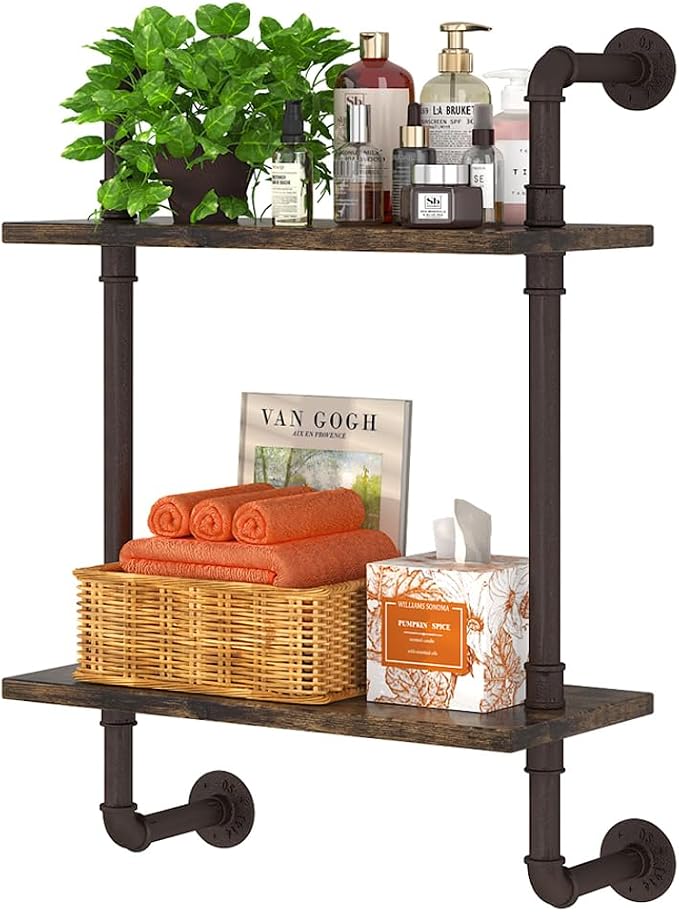 Helsin 2 Tier Industrial Pipe Floating Bathroom Shelves, 16inch Rustic Wood by Helsin