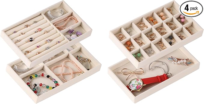 4-Set Jewelry Organizer for Drawer, Stackable Velvet Jewelry Trays by CDBOVID