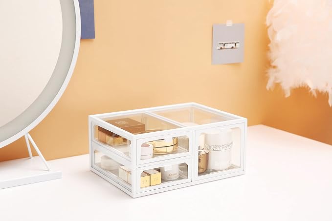 MOOCHI White Vintage Glass Cosmetic Makeup Organizer 3 Drawers Set Dust - Image 9