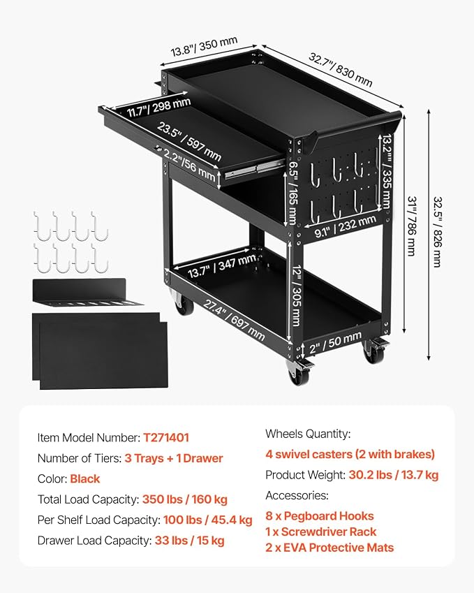 VEVOR 4-Tier Tool Cart with Wheels, 350 lbs Load Capacity, Rolling Work Cart - Image 7