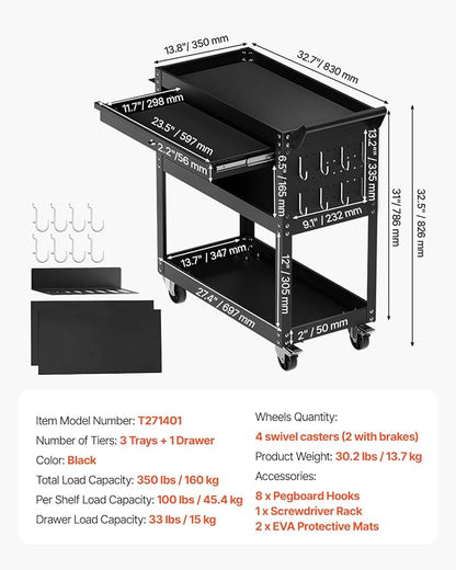VEVOR 4-Tier Tool Cart with Wheels, 350 lbs Load Capacity, Rolling Work Cart - Image 7