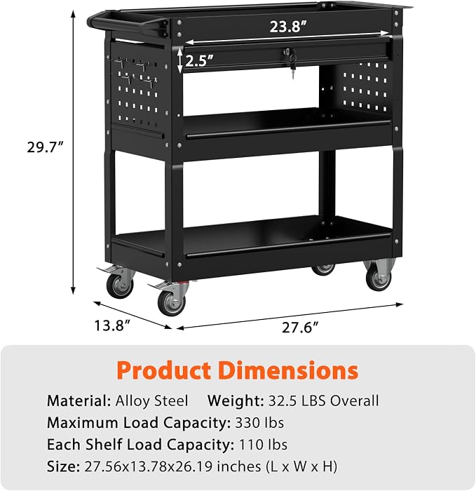 3 Tier Rolling Tool Cart with Drawers, Heavy Duty Utility Cart on Wheels - Image 7