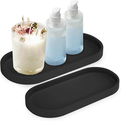 2 Pieces Silicone Shatterproof Bathroom Vanity Tray, 9.8" & 11.8" Oval Black by Unknown