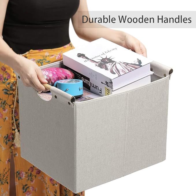 HOONEX Large Foldable Storage Bins, Linen Fabric, 2 Pack, - Image 2