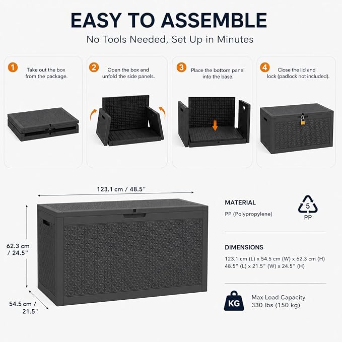 120 Gallon Outdoor Storage Box, Resin Deck Box Waterproof & Lockable, Patio - Image 9