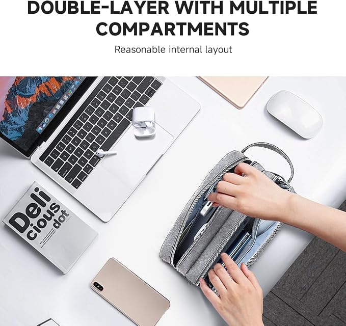 Teskyer Double Layer Cable Organizer Bag, Travel Tech Pouch, Light Grey | - Image 8