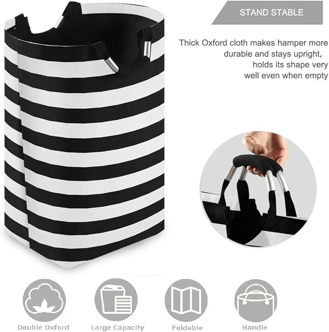 Black White Stripe Large Laundry Hamper - Image 3