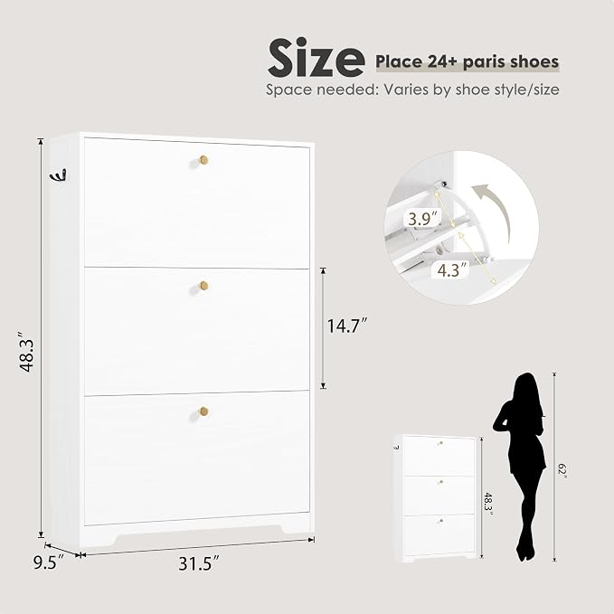 Nicetree Shoe Cabinet with 3 Flip Drawers, Modern Entryway Organizer, - Image 2