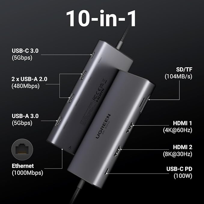 UGREEN 10-in-1 USB C Docking Station, Dual HDMI 4K@60Hz, Single 8K@30Hz - Image 2