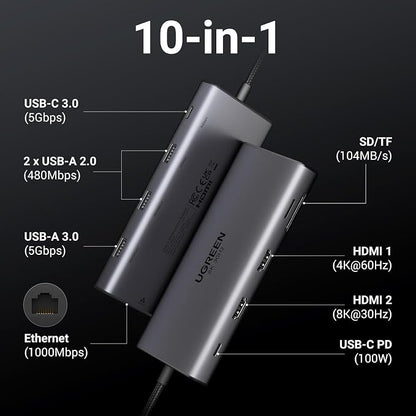 UGREEN 10-in-1 USB C Docking Station, Dual HDMI 4K@60Hz, Single 8K@30Hz - Image 2