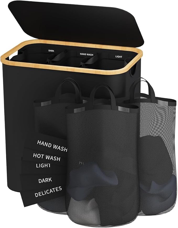 145L Laundry Hamper with Lid, 3 Section Laundry Basket with 3 Removable Bag | by Bathola