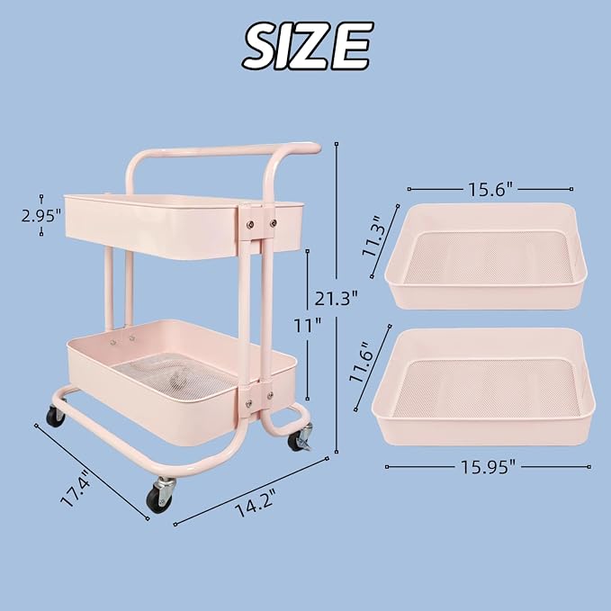 2 Tier Short Rolling Cart with Wheels All-Metal Pink Pantry Storage - Image 4