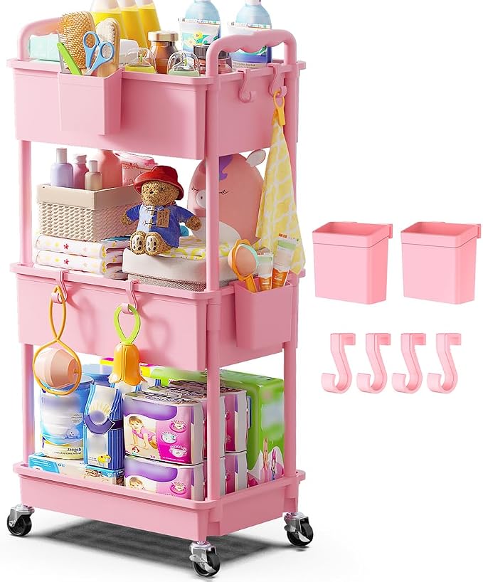 Goovilla Diaper Cart with Lockable Wheels and Easy Assembly, 3 Tier Pink by Goovilla