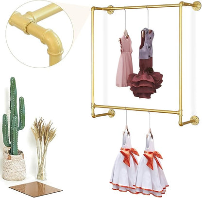 Gold Wall Mounted Clothes Rack, Industrial Pipe Garment Rack Hanging Rod Bar - Image 6