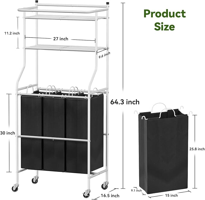 Laundry Sorter with Hanging Clothes Rack, Rolling Laundry Cart with Wheels & - Image 3