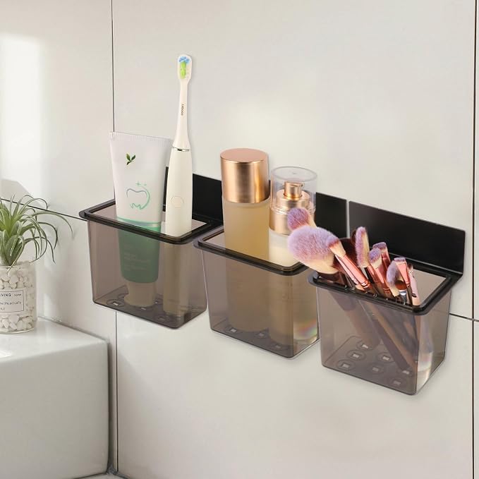 3 Pack Modern Black Metal Clear Plastic Toothbrush Holders, Toothpaste Holder - Image 2