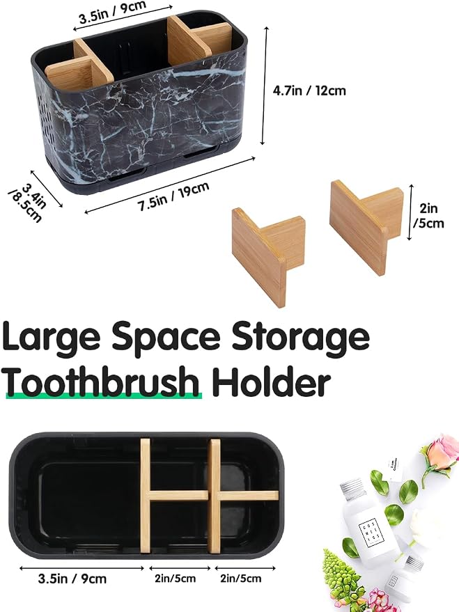 Marble Toothbrush Holders, 5 Slots Bamboo Toothbrush and Toothpaste Holder - Image 6