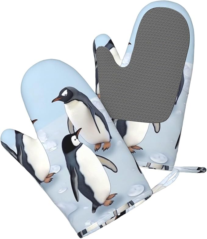 Cute Penguins Print Oven Mitts Set of 2, Heat Resistant Silicone Oven Mittens - Image 3