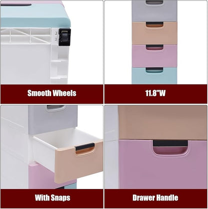 5 Drawer Stackable Storage Tower, Plastic Drawers Dresser, Narrow Rolling - Image 3