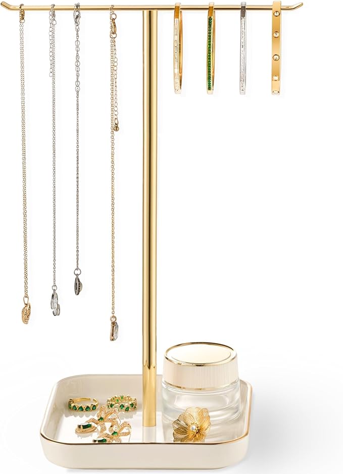 Jewelry Holder Stand with Ceramic Base: 12" Tall Necklace Organizer Rack by Josmimic