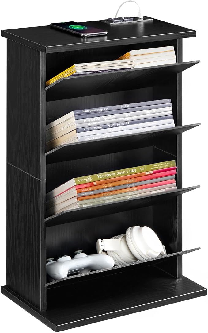 Narrow Side Table with Charging Station Slim End Table with Magazine Book by ZGREN