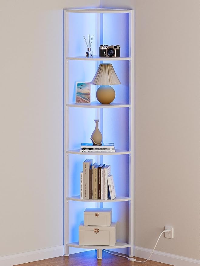 6 Tier Corner Shelf with LED Light, 67.5" White Narrow Bookshelf | Tall by Furnulem