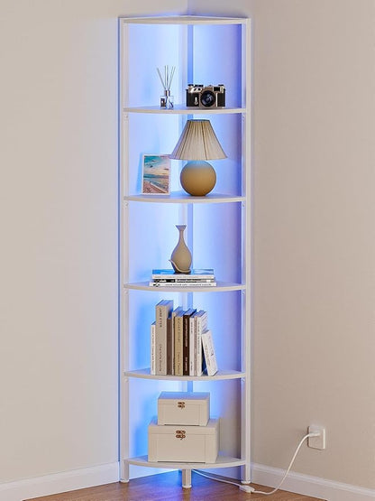 6 Tier Corner Shelf with LED Light, 67.5" White Narrow Bookshelf | Tall by Furnulem